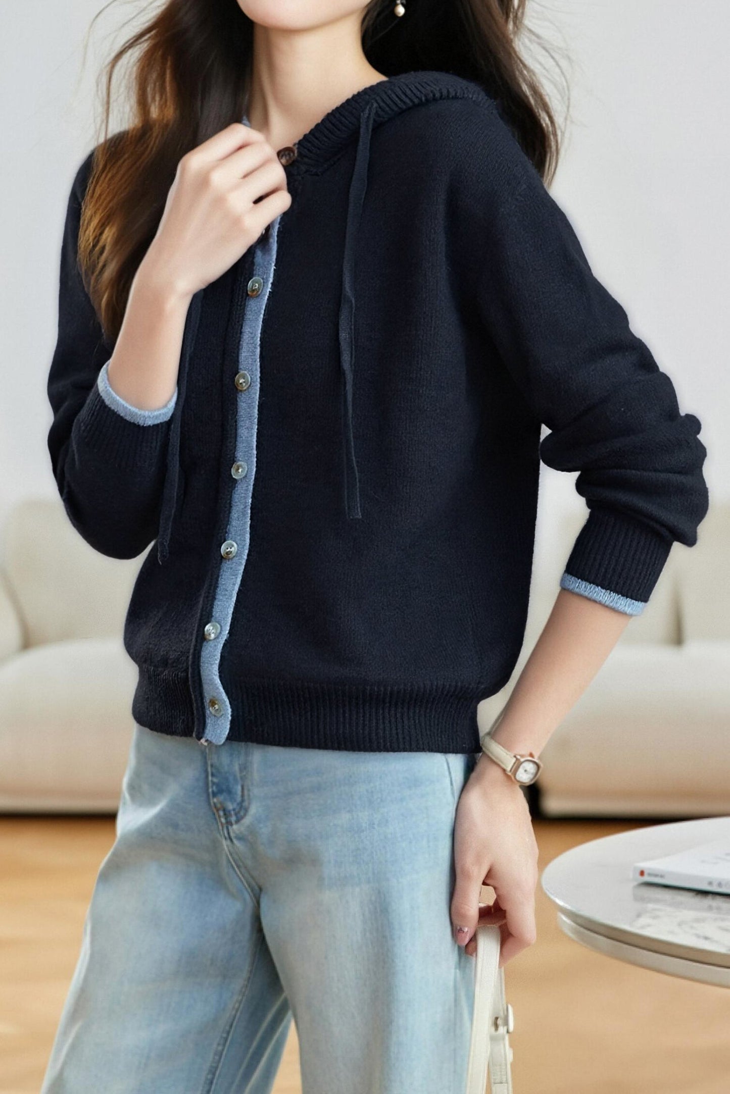 Lässiger vielseitiger Farbblock gestrickter Kapuzencardigan