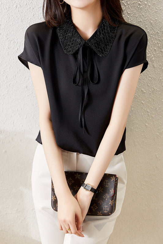 Doppelt flacher Kragen mit Schleife Bluse - 2 Farben verfügbar