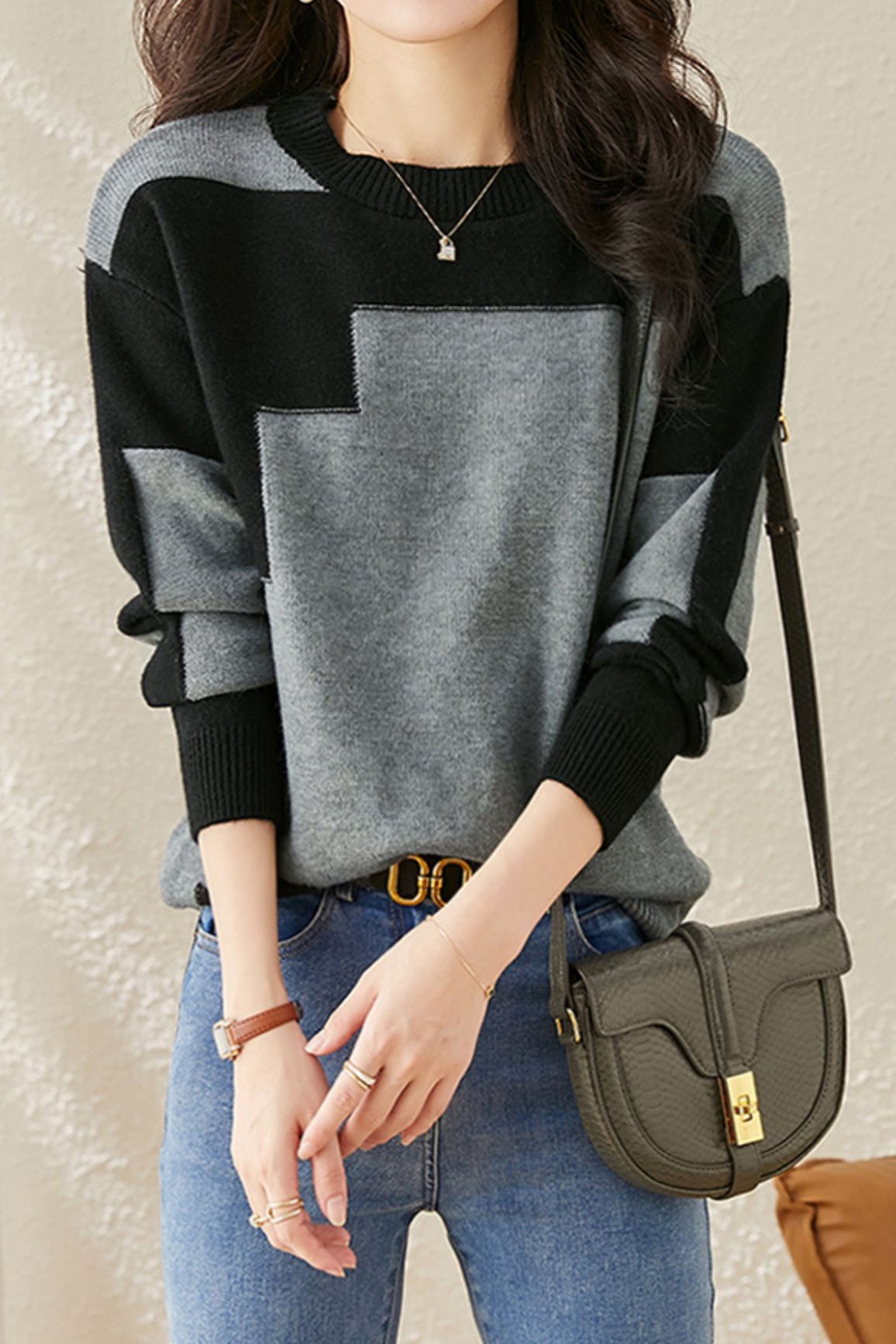 Lässiger bequemer zweifarbiger Rundhals-Strickpullover