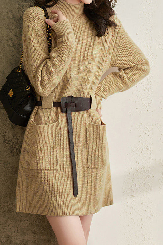 Hochgeschlossenes Gürtel Strickkleid - 3 Farben erhältlich