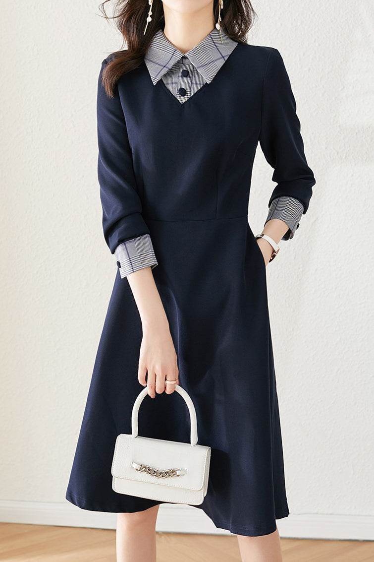 Gemischtes Material Hemdkragen Karo Kontrast Glockenkleid