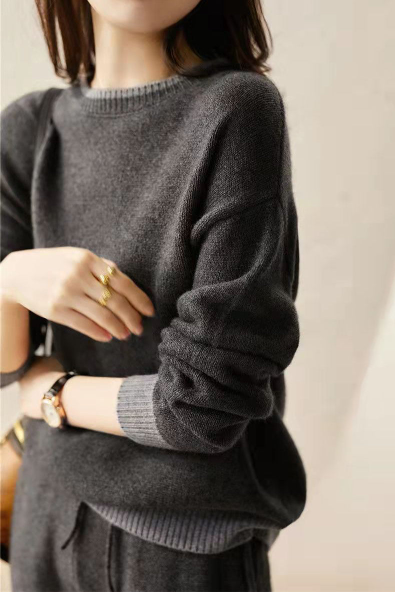 Zwei-Teile-Set: Rundhals-Farbenblock-Strickoberteil + Kordelzug-Farbenblock-lange Strickweite Hose