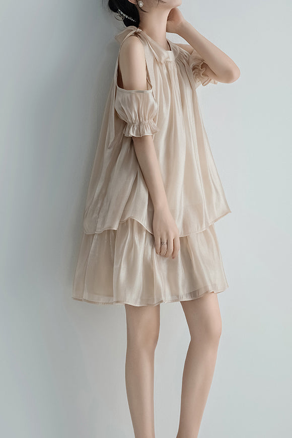 [Restock] Bandkragen Schulterfreies Stufenkleid mit Futter