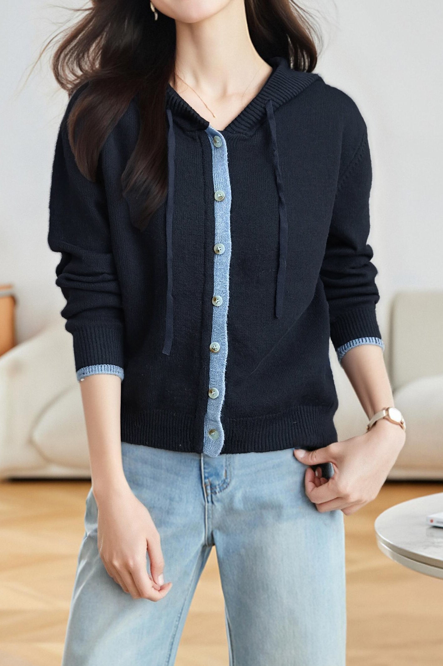 Lässiger vielseitiger Farbblock gestrickter Kapuzencardigan