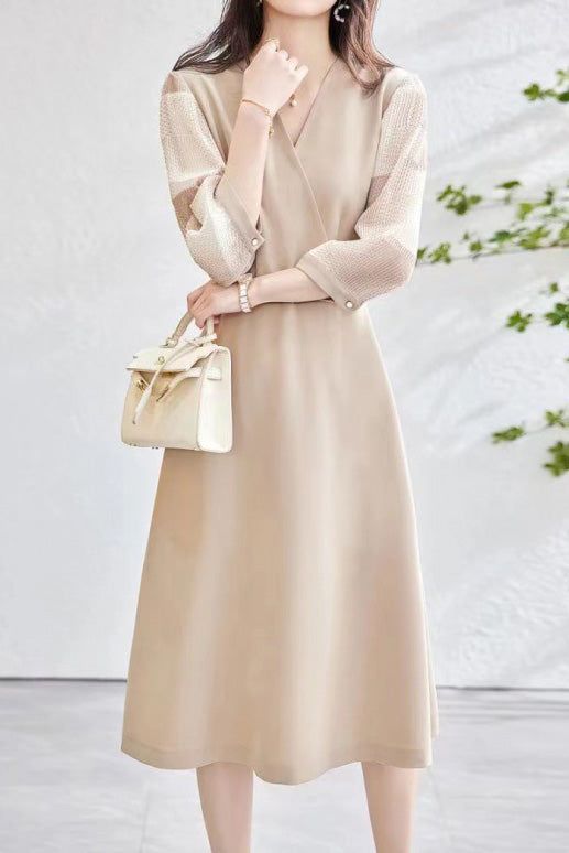 Gemischtes Material Durchsichtiger Karomuster Kontrast Crossover Gürtel Langkleid - 2 Farben Verfügbar