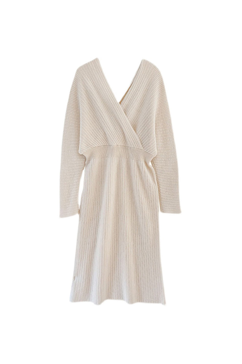 Surplice Neck Voluminöses Langstrickkleid - 2 Farben verfügbar