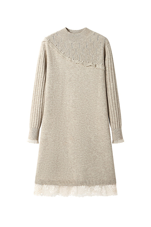 Perlenverzierte Fluss-Spitzen-Kontrast-Strickkleid - 3 Farben erhältlich