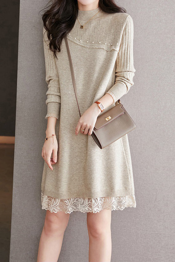 Perlenverzierte Fluss-Spitzen-Kontrast-Strickkleid - 3 Farben erhältlich