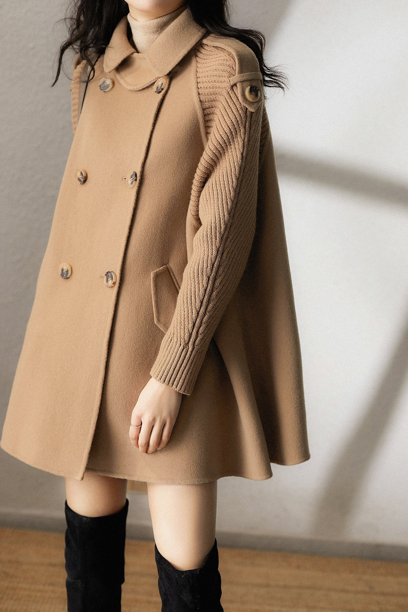 Stehkragen Epaulette Dekor Strick Kontrast Melton Mantel