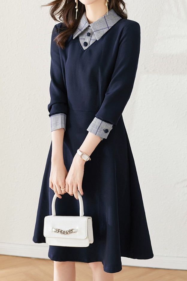 Gemischtes Material Hemdkragen Karo Kontrast Glockenkleid