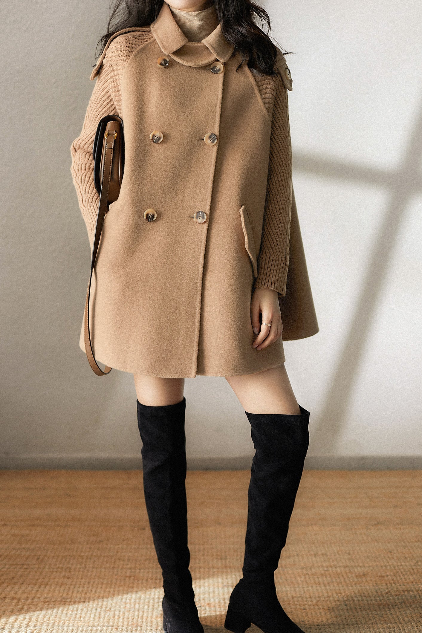 Stehkragen Epaulette Dekor Strick Kontrast Melton Mantel