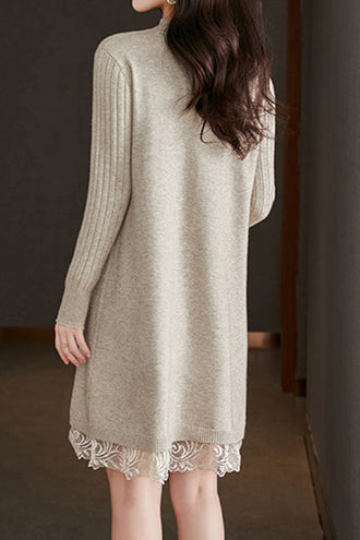 Perlenverzierte Fluss-Spitzen-Kontrast-Strickkleid - 3 Farben erhältlich