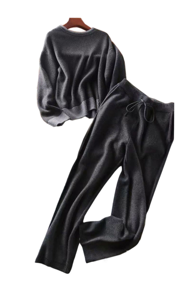 Zwei-Teile-Set: Rundhals-Farbenblock-Strickoberteil + Kordelzug-Farbenblock-lange Strickweite Hose