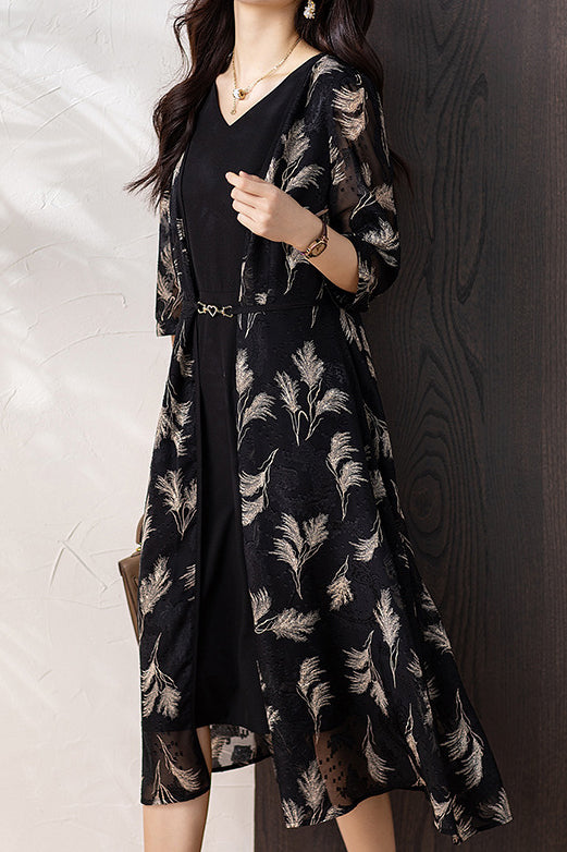 Schicht-Look Blattmotiv Jacquard Kleid