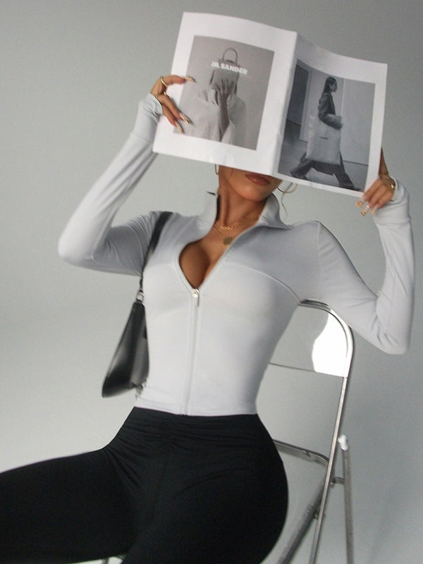 Damen Reißverschluss Daumenloch Langarm