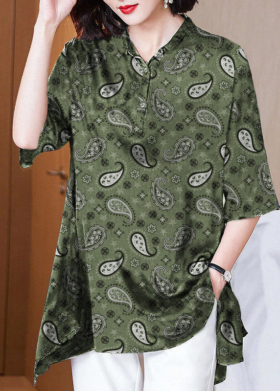 Italienisches Dunkelblaues Peter Pan Kragen Knopf Asymmetrischer Druck Seidenoberteile Frühling