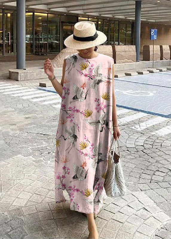 Bohemian O-Hals Seitlich Offenes Leinen Baumwollkleid Khaki