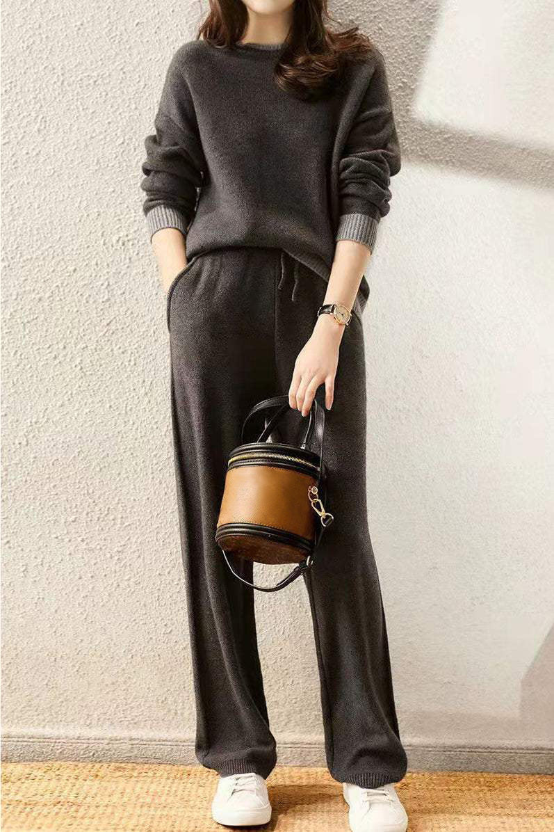 Zwei-Teile-Set: Rundhals-Farbenblock-Strickoberteil + Kordelzug-Farbenblock-lange Strickweite Hose