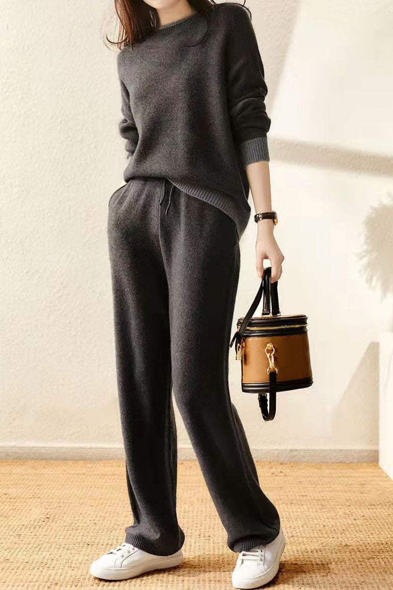 Zwei-Teile-Set: Rundhals-Farbenblock-Strickoberteil + Kordelzug-Farbenblock-lange Strickweite Hose