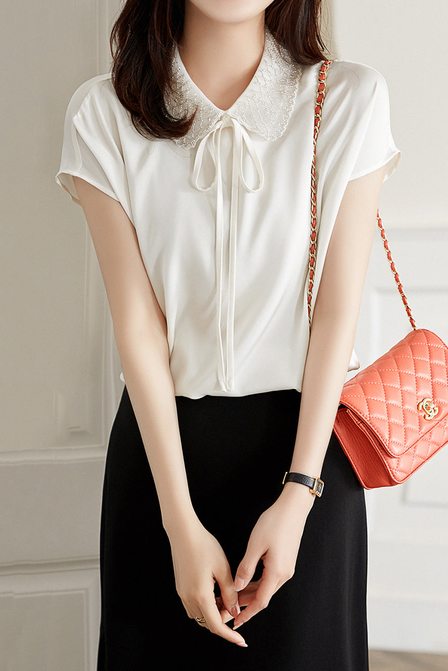 Doppelt flacher Kragen mit Schleife Bluse - 2 Farben verfügbar