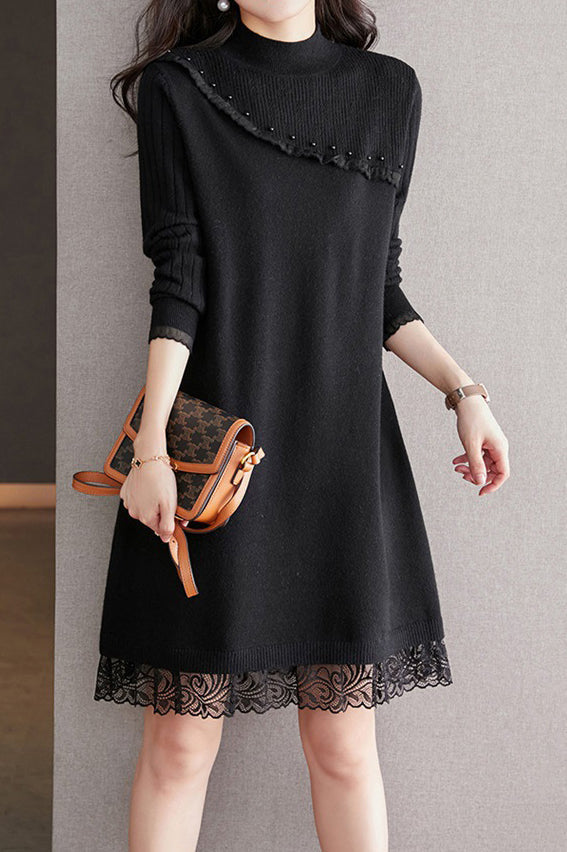 Perlenverzierte Fluss-Spitzen-Kontrast-Strickkleid - 3 Farben erhältlich