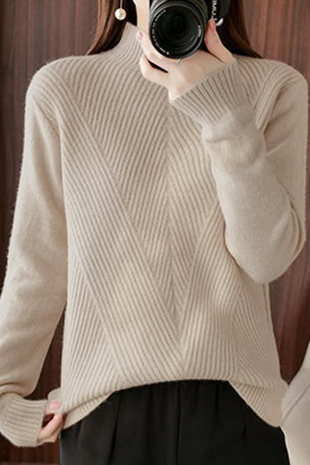 Halb-Hochkragen Diagonal Geripptes Stricktop