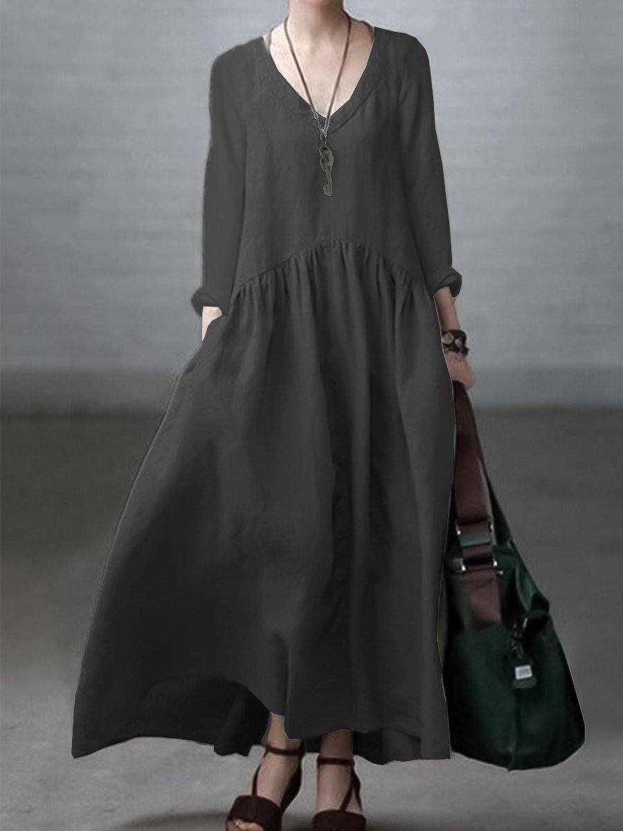 Einfaches und lockeres V-Ausschnitt Kleid aus Baumwolle und Leinen