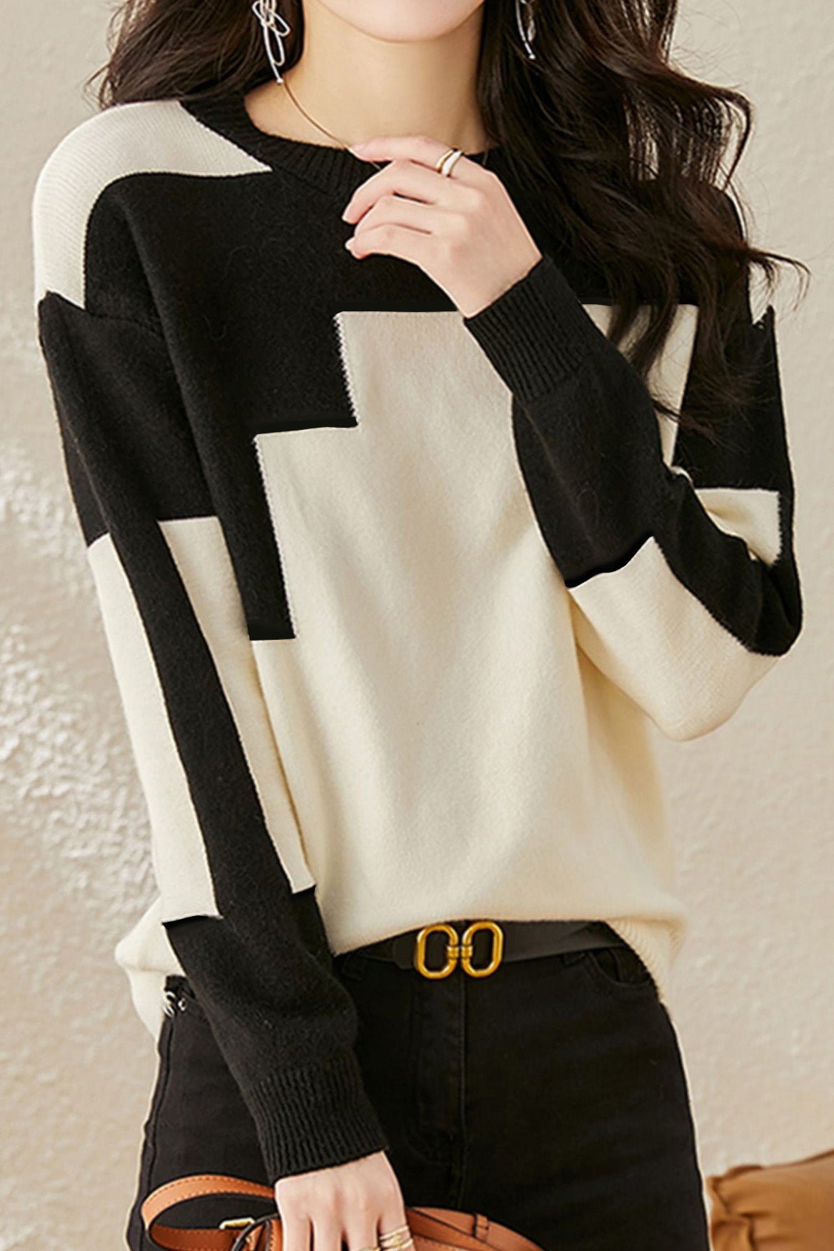 Lässiger bequemer zweifarbiger Rundhals-Strickpullover