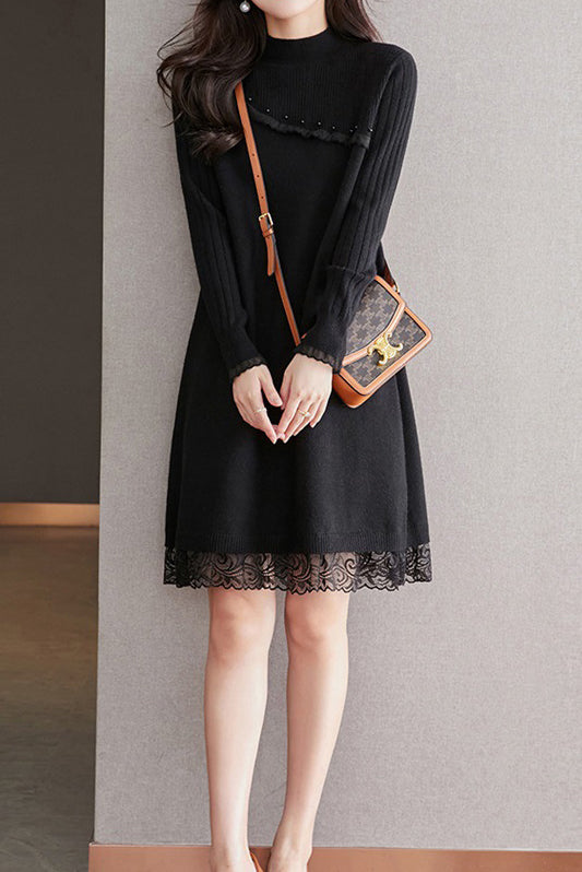 Perlenverzierte Fluss-Spitzen-Kontrast-Strickkleid - 3 Farben erhältlich