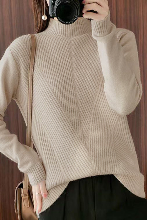 Halb-Hochkragen Diagonal Geripptes Stricktop