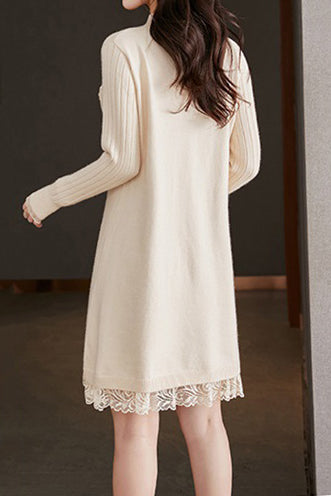 Perlenverzierte Fluss-Spitzen-Kontrast-Strickkleid - 3 Farben erhältlich