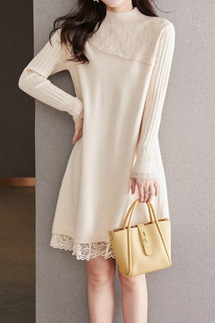 Perlenverzierte Fluss-Spitzen-Kontrast-Strickkleid - 3 Farben erhältlich