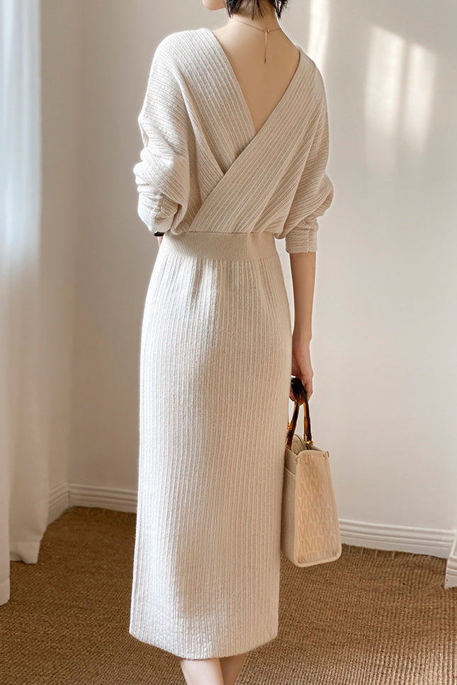 Surplice Neck Voluminöses Langstrickkleid - 2 Farben verfügbar