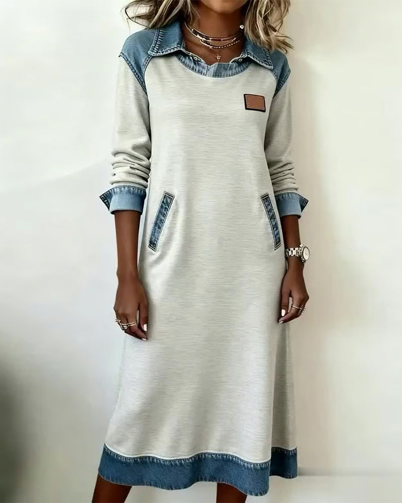 Lässiges Denim-Patchwork-Kleid mit Revers