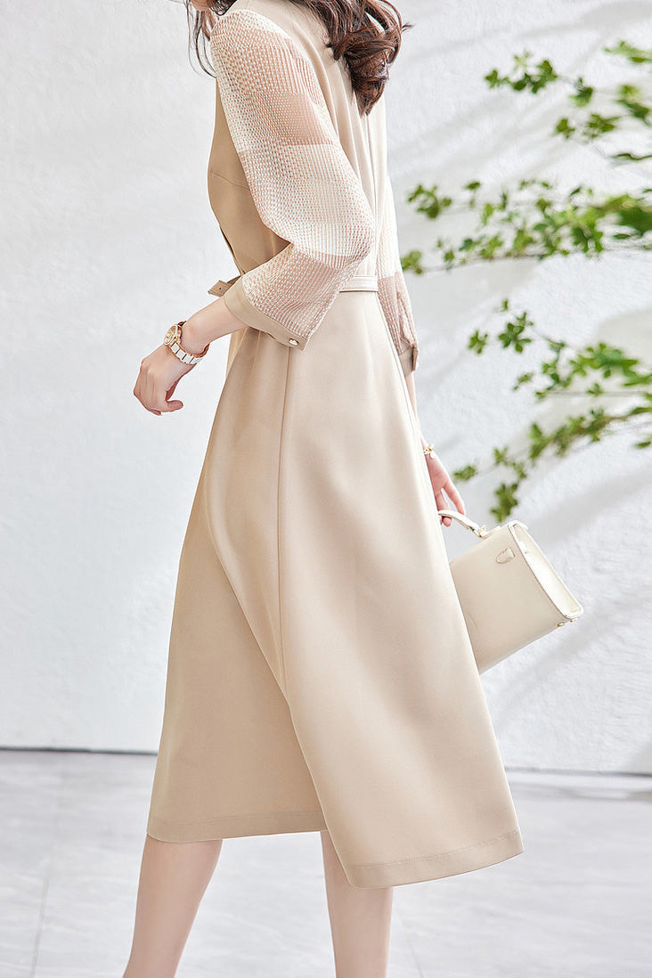 Gemischtes Material Durchsichtiger Karomuster Kontrast Crossover Gürtel Langkleid - 2 Farben Verfügbar