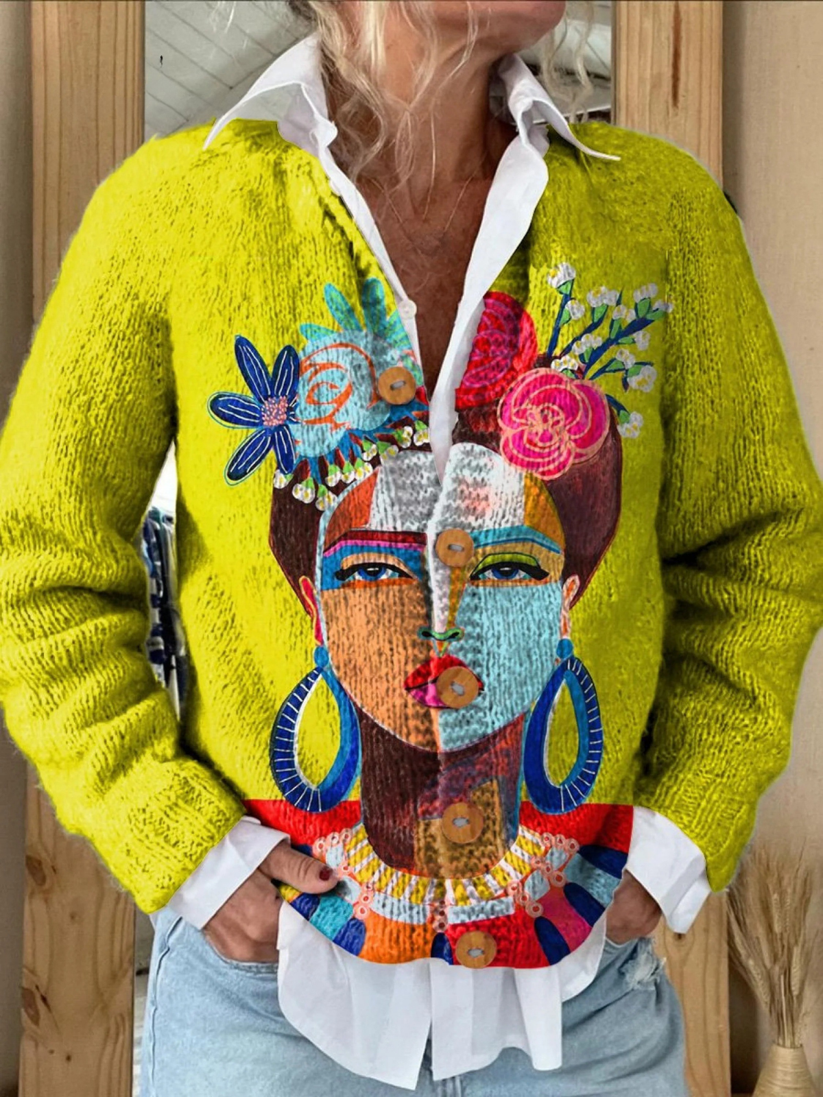 Ölgemälde Freda Porträt Kunst Bedruckte Knopffront Cardigan Pullover