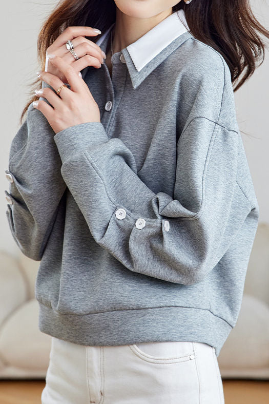 Lässiger Doppel-Lagen Polo-Kragen Falten Hoodie mit langen Ärmeln