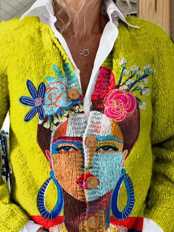 Ölgemälde Freda Porträt Kunst Bedruckte Knopffront Cardigan Pullover