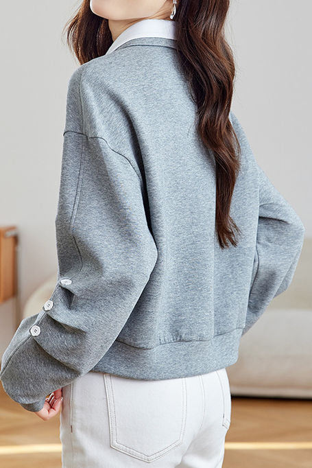 Lässiger Doppel-Lagen Polo-Kragen Falten Hoodie mit langen Ärmeln