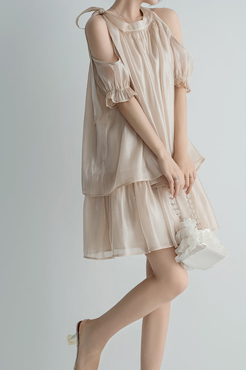 [Restock] Bandkragen Schulterfreies Stufenkleid mit Futter