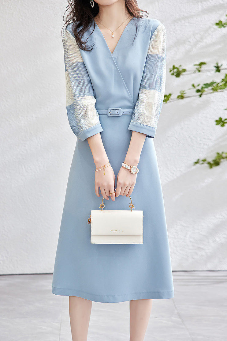 Gemischtes Material Durchsichtiger Karomuster Kontrast Crossover Gürtel Langkleid - 2 Farben Verfügbar