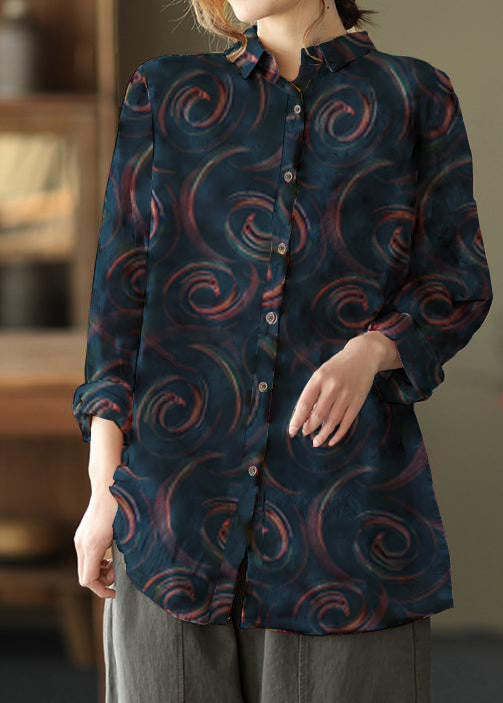 Einzigartiges Revers Patchwork Frühling Tunika Muster Fotografie Rote Druck Bluse