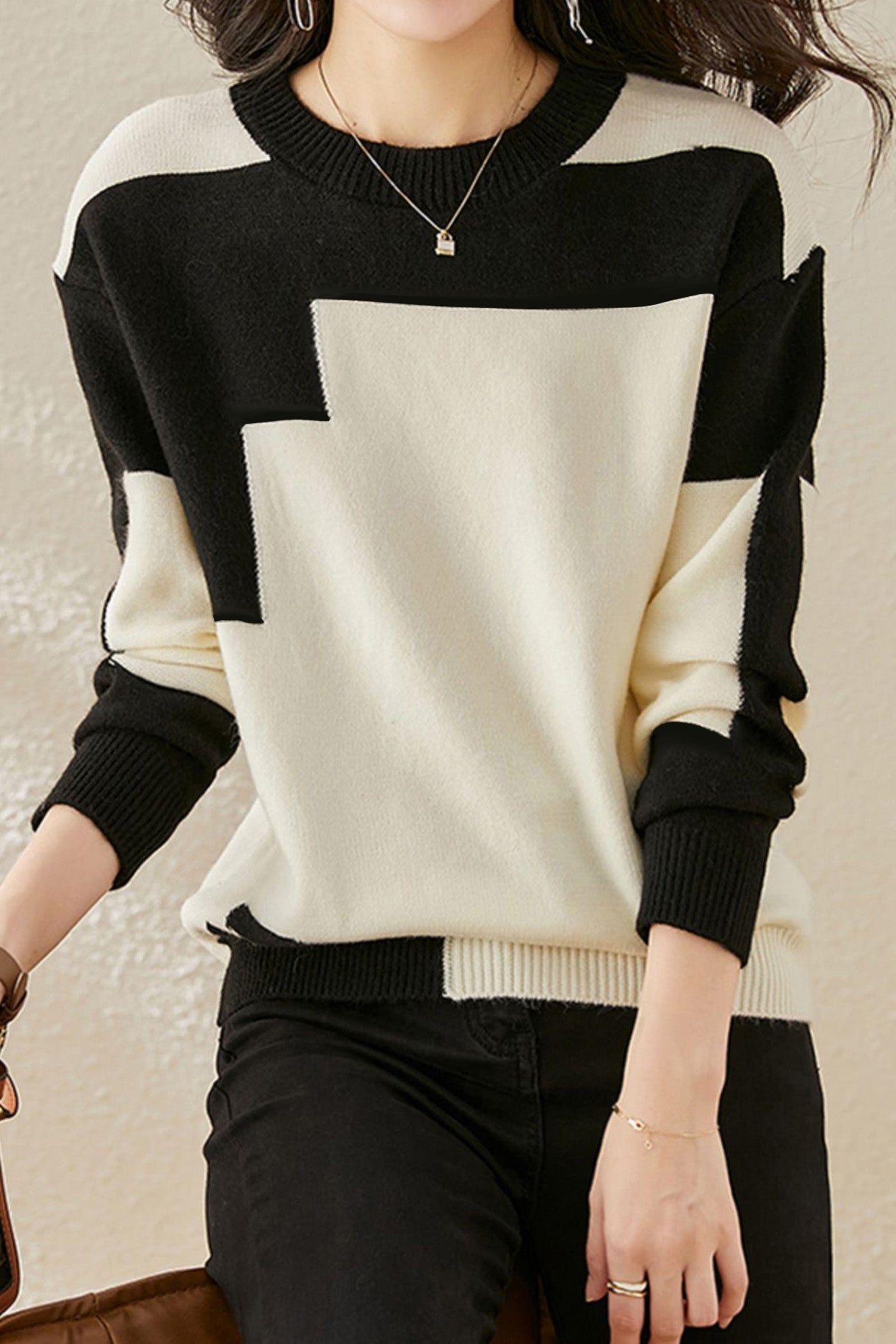 Lässiger bequemer zweifarbiger Rundhals-Strickpullover