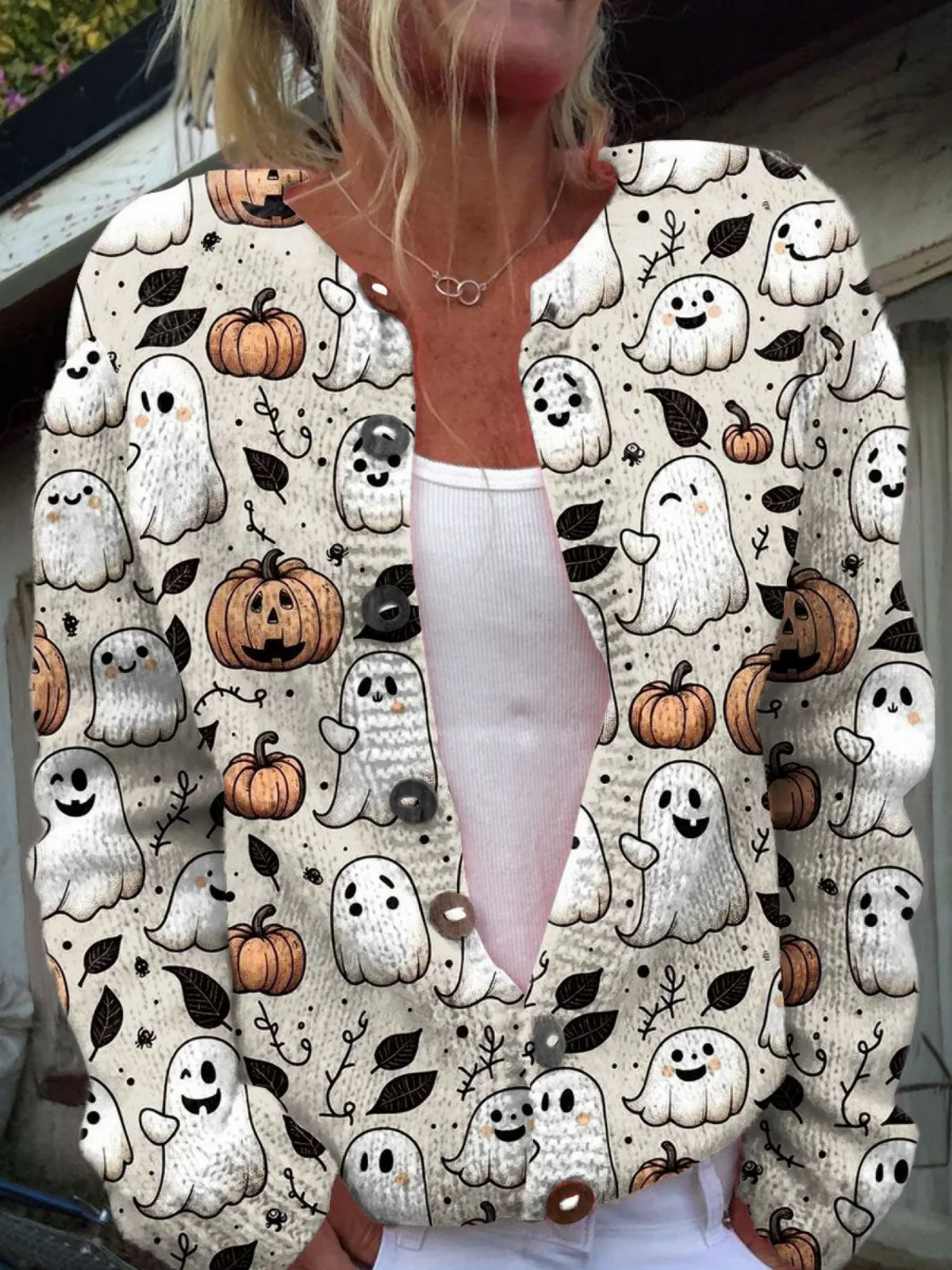 Lustiger Gespenst Halloween Kunstdruck Knopf-Cardigan Pullover