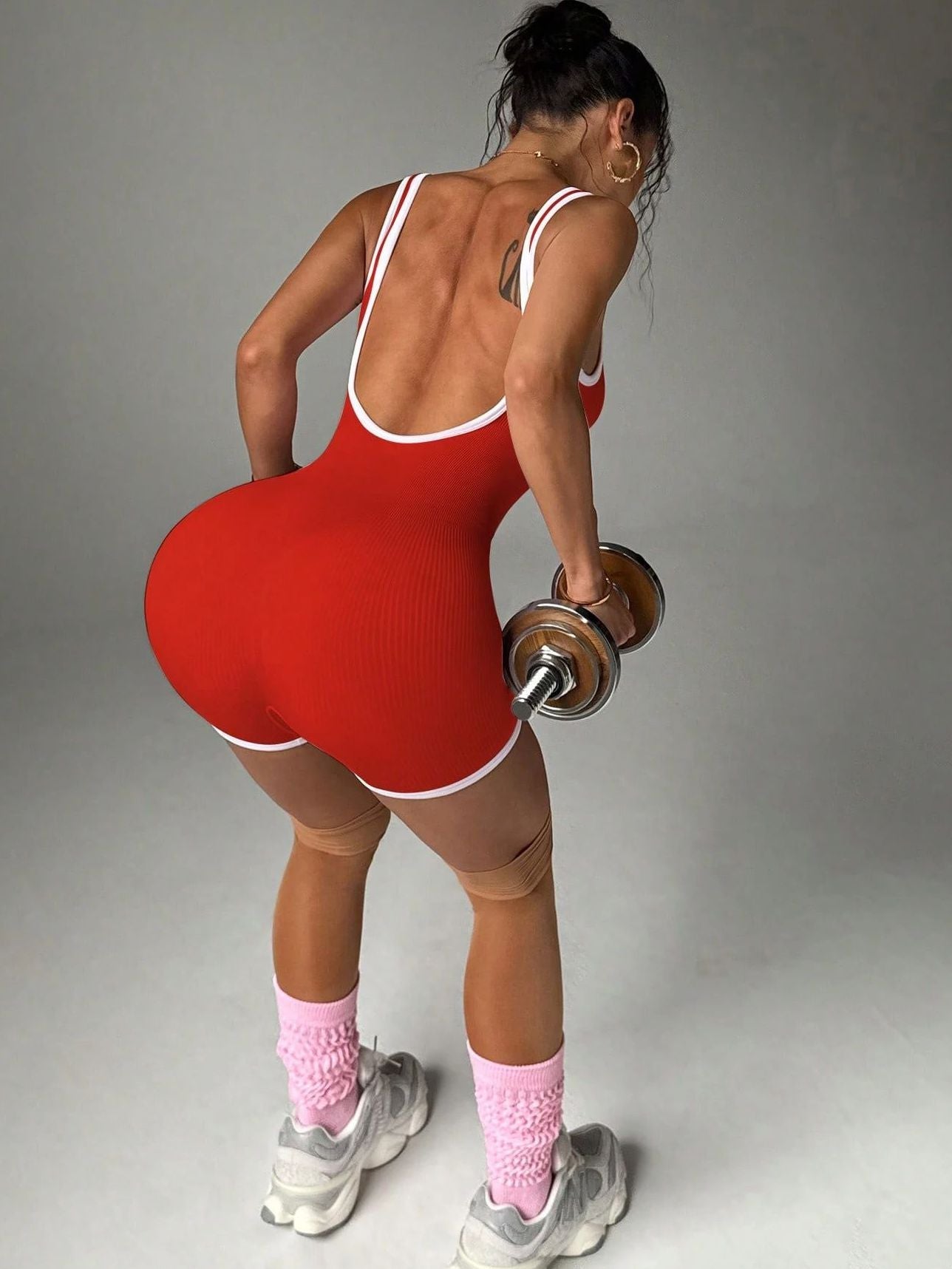 Damen Kontrastfarbe Ripp-Scrunch-Bum Rückenfreies Jumpsuit