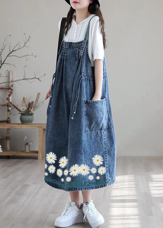 Große Größen Blau Drawstring Tasche Spaghetti-Träger Baumwoll-Denim Kleid Frühling