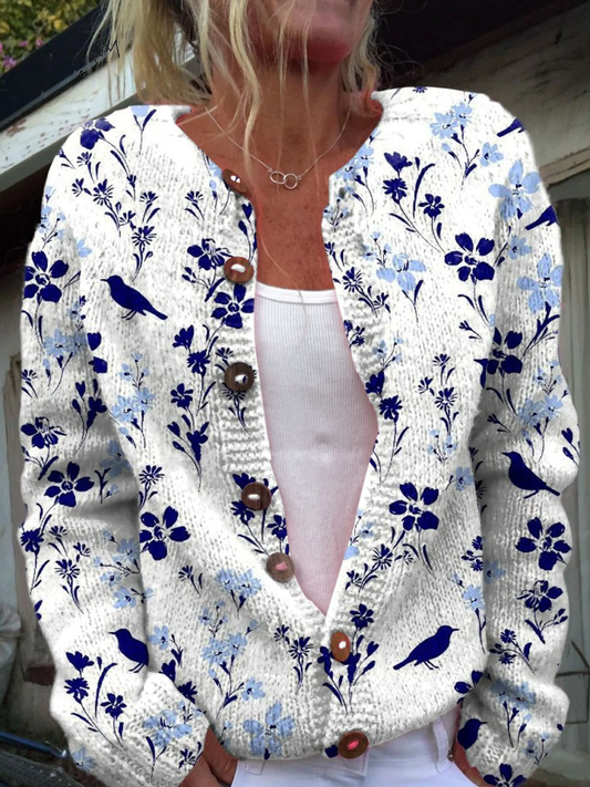 Vintage Blumen Kunst Druck Knopf-Cardigan Pullover