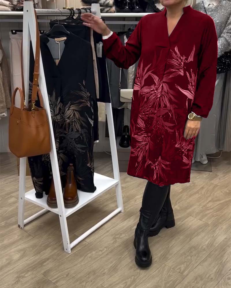 Kleid mit V-Ausschnitt, bedruckt mit Blättern, lange Ärmel