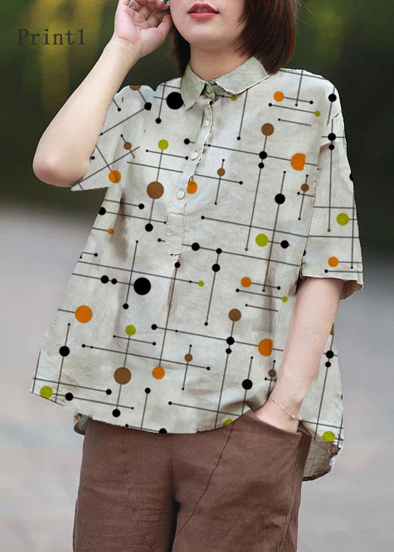 Vintage Beige Peter Pan Kragen Druck Sommer Leinen Blusen Halbarm