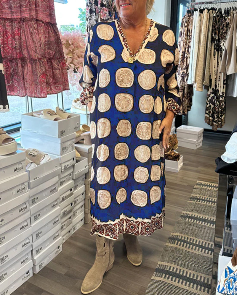 Langarm V-Ausschnitt Kleid mit Druck